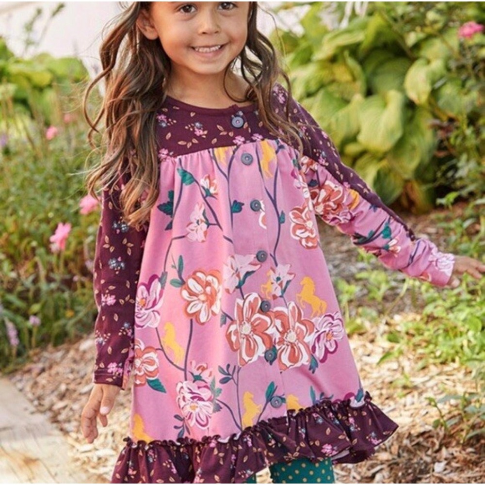 Matilda Jane Floral Horse Dress Kids Size 4 Pink Purple‎ Excellent Ruffle Tunic